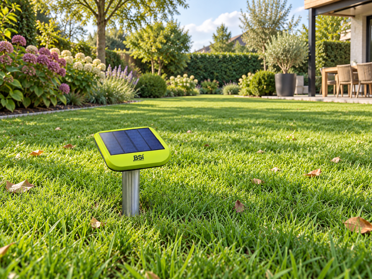BSI Solar Sonic mollenverjager geplaatst in het gras. Werkt op zonne-energie en verspreidt trillingen en geluidsgolven om mollen in het gazon te verjagen.