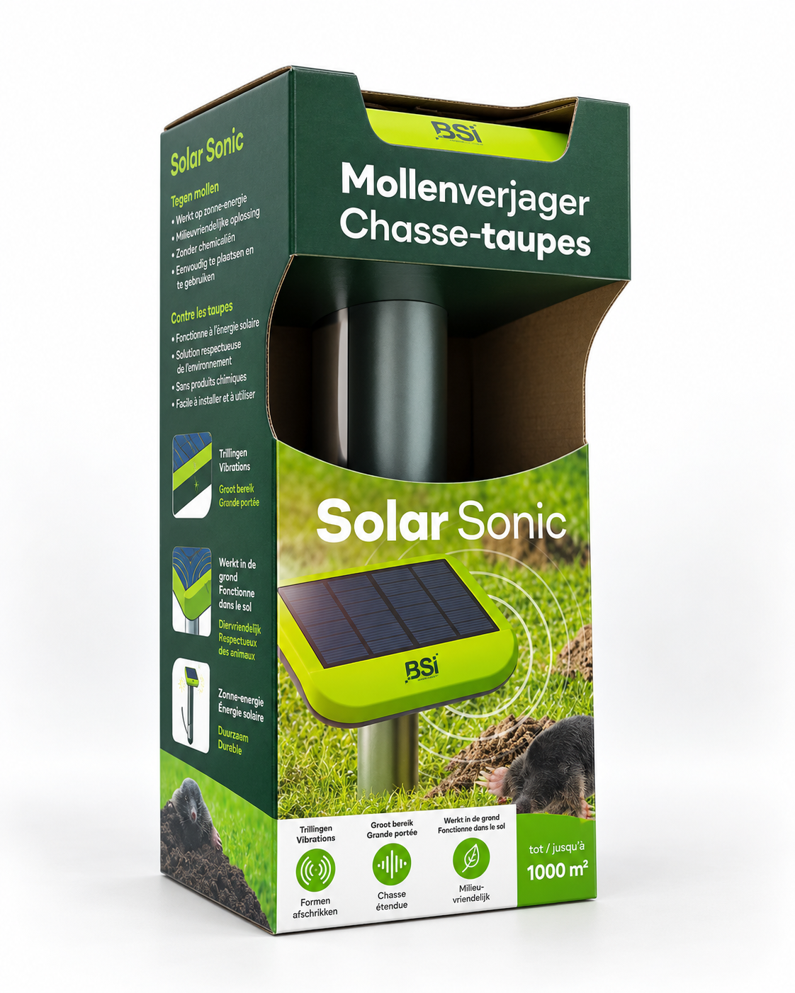 BSI Solar Sonic mollenverjager in originele verpakking. Mollenverjager op zonne-energie met trillingen en geluidsgolven, geschikt voor tuinen tot 1000 m².