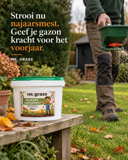 Mr. Grass najaarsgazonmest 10 kg voor 100 m² gazon. Najaarsmest voor een sterk gazon, een goede voorbereiding op de winter en een gezonde start in het voorjaar.