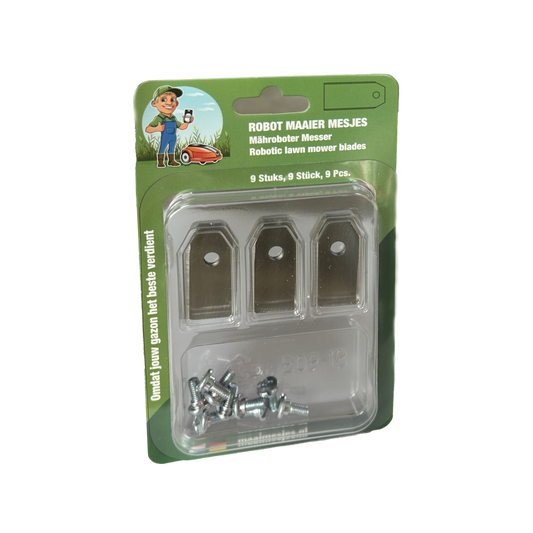 Set van 9 RVS reservemesjes met titanium coating voor Husqvarna Automower 305 robotmaaier incl. schroeven.