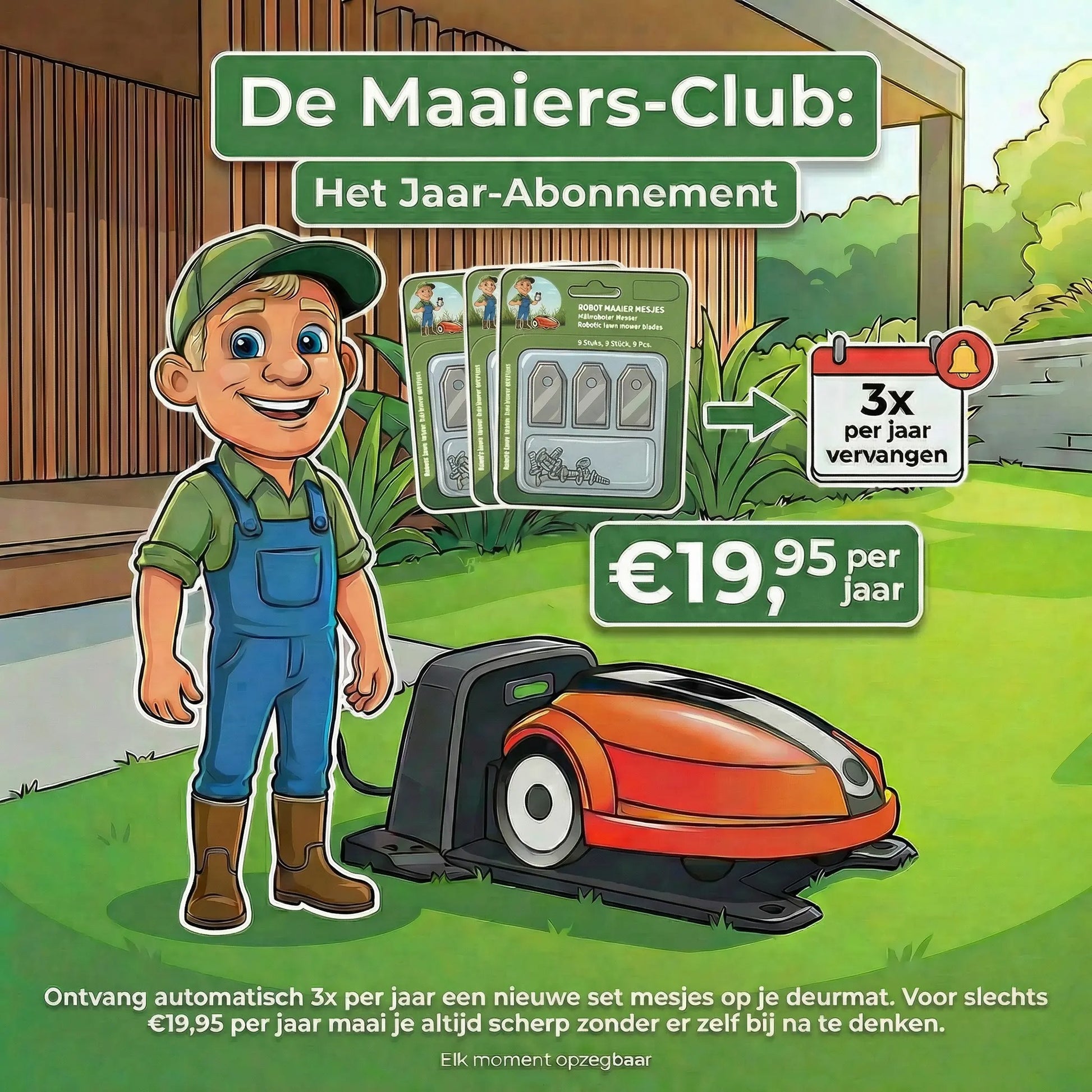 Alt-tekst: Word lid van De Maaiers-Club voor een jaarlijks abonnement op vlijmscherpe robotmaaier mesjes inclusief gratis verzending.