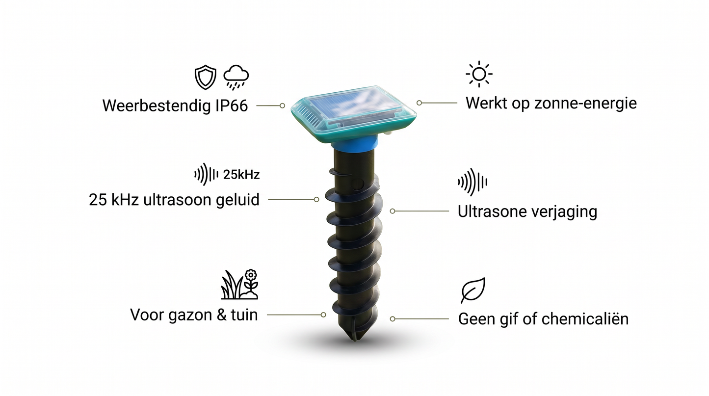 Ultrasone mollenverjager op zonne-energie met IP66 waterbestendige behuizing op witte achtergrond