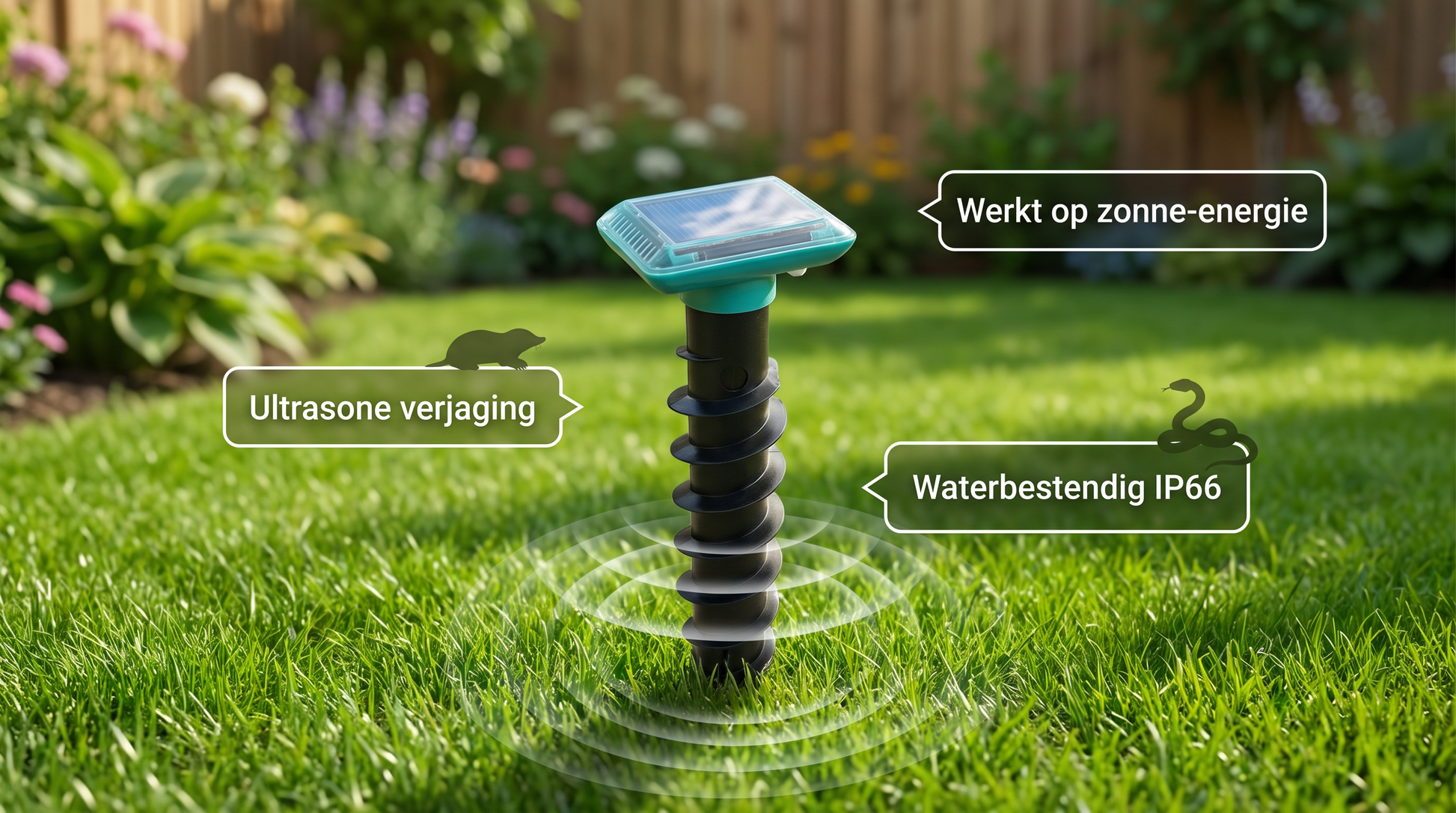 Ultrasone mollenverjager op zonne-energie voor gazon en tuin, waterdicht IP66
