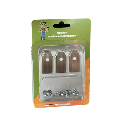  Eenvoudig vervangbare stalen mesjes voor Flymo EasiLife Go 250, inclusief schroeven voor snelle installatie.